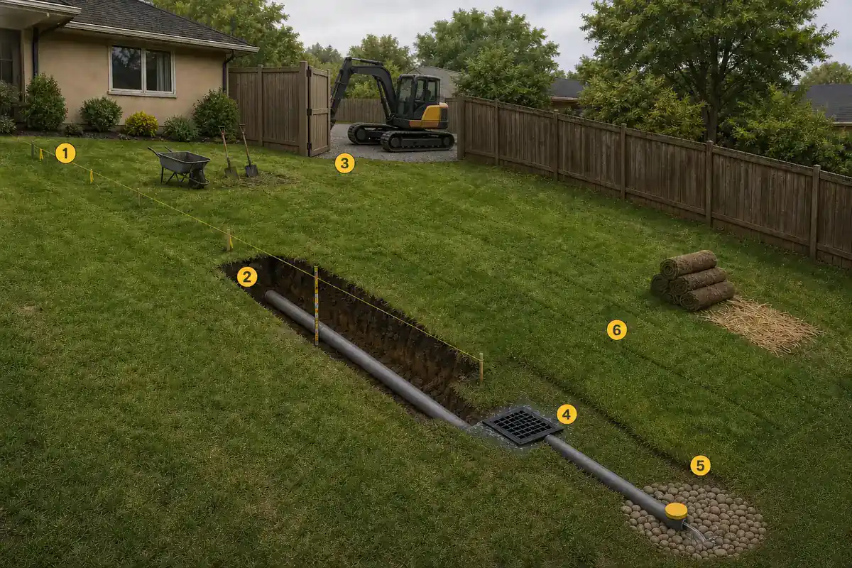 Illustration of a drainage route with excavation, machine access, collection basin, outlet work, and lawn restoration markers