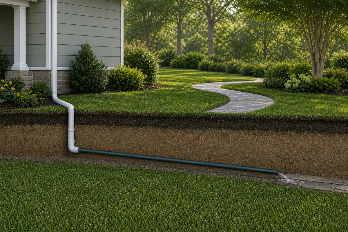 Conceptual cutaway showing a downspout connected to buried solid pipe that carries roof runoff to a lower outlet