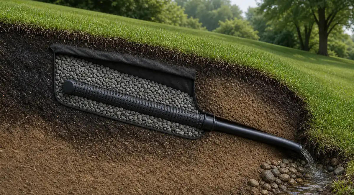 Cutaway of a perforated French drain collector in gravel and fabric connected to solid outlet pipe on a sloped yard