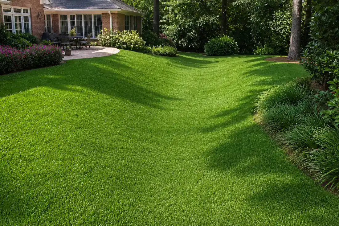 Broad shallow grass swale guiding surface water through a landscaped residential yard