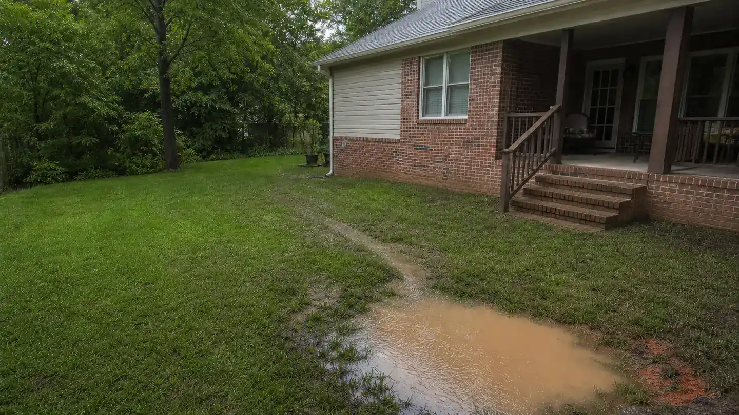 Muddy runoff from a downspout crossing a Rock Hill yard toward a shallow low spot