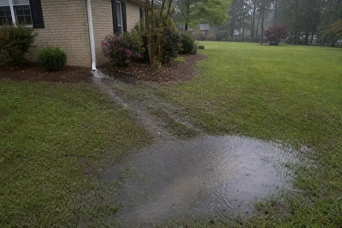 Rainwater leaving a short downspout, crossing wet grass, and pooling in a shallow yard low point