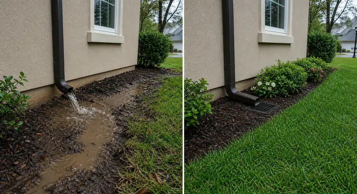 Side-by-side teaching image of downspout runoff pooling beside a home and a corrected collection route in the same landscape bed